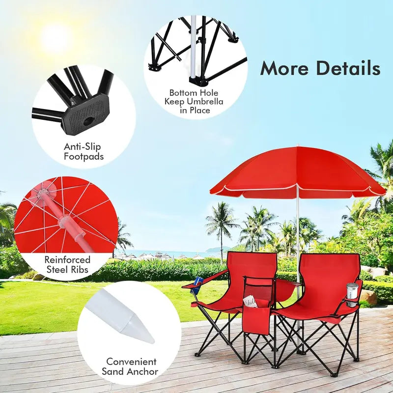 Double Chair with Umbrella, Cooler Storage & Cup Holders for Camping
