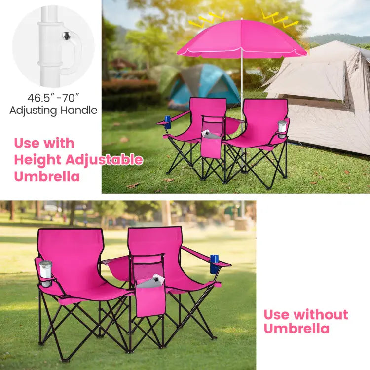 Double Chair with Umbrella, Cooler Storage & Cup Holders for Camping