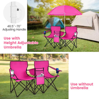 Double Chair with Umbrella, Cooler Storage & Cup Holders for Camping