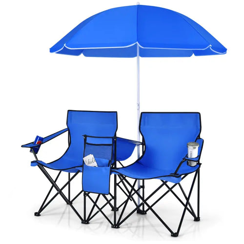 Double Chair with Umbrella, Cooler Storage & Cup Holders for Camping