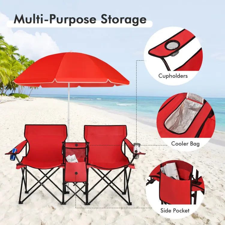Double Chair with Umbrella, Cooler Storage & Cup Holders for Camping