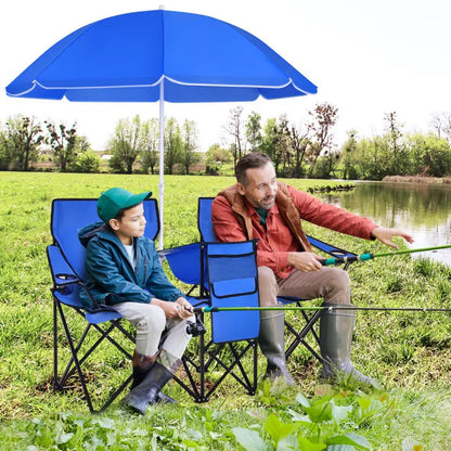 Double Chair with Umbrella, Cooler Storage & Cup Holders for Camping