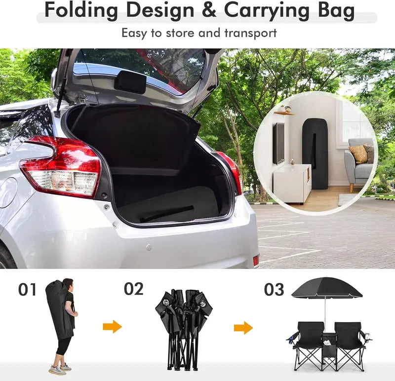 Double Chair with Umbrella, Cooler Storage & Cup Holders for Camping