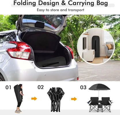 Double Chair with Umbrella, Cooler Storage & Cup Holders for Camping