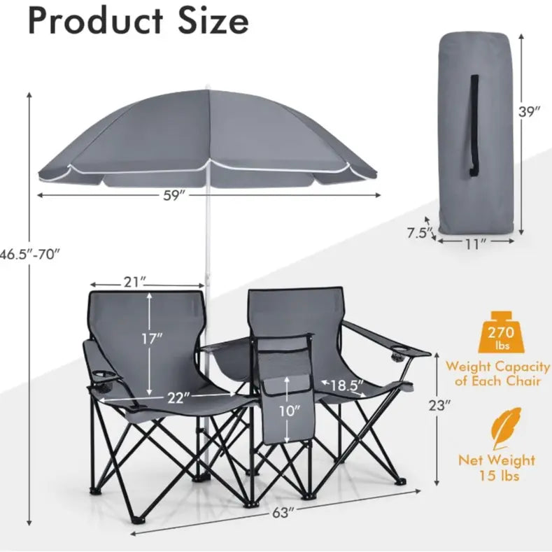 Double Chair with Umbrella, Cooler Storage & Cup Holders for Camping