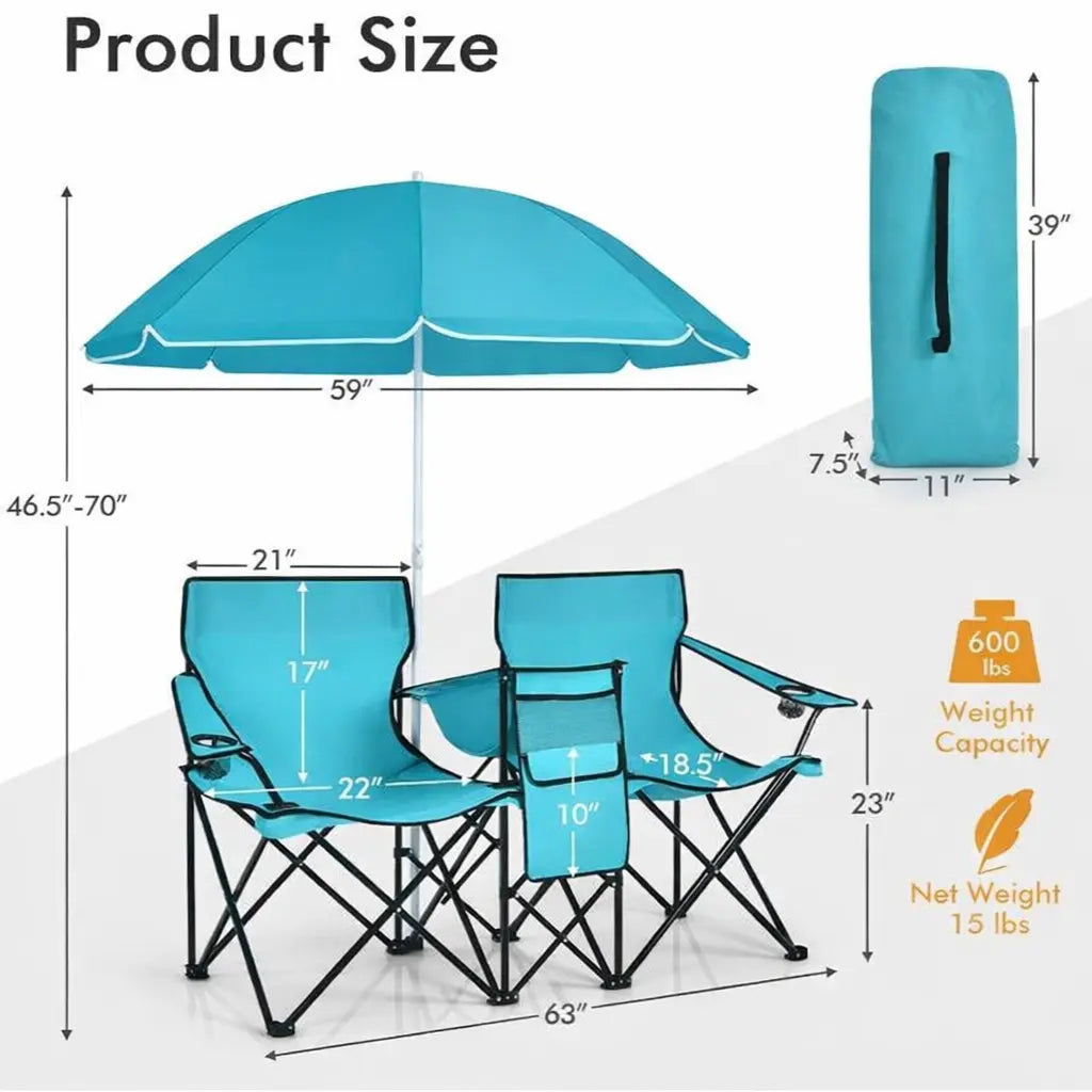 Double Chair with Umbrella, Cooler Storage & Cup Holders for Camping
