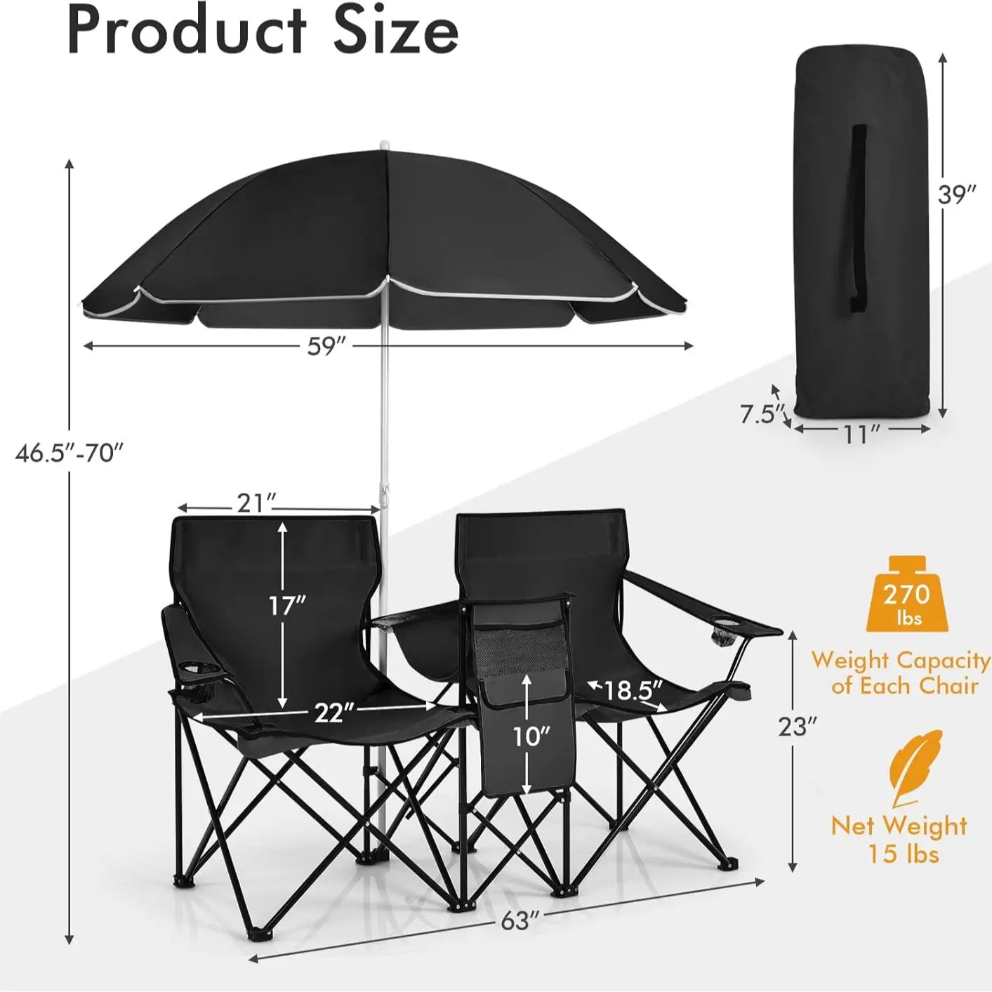 Double Chair with Umbrella, Cooler Storage & Cup Holders for Camping