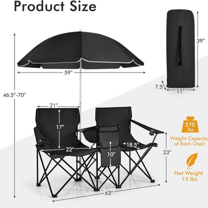 Double Chair with Umbrella, Cooler Storage & Cup Holders for Camping