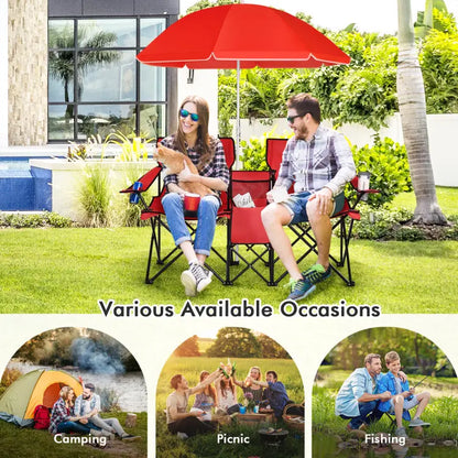 Double Chair with Umbrella, Cooler Storage & Cup Holders for Camping