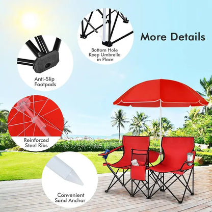 Double Chair with Umbrella, Cooler Storage & Cup Holders for Camping