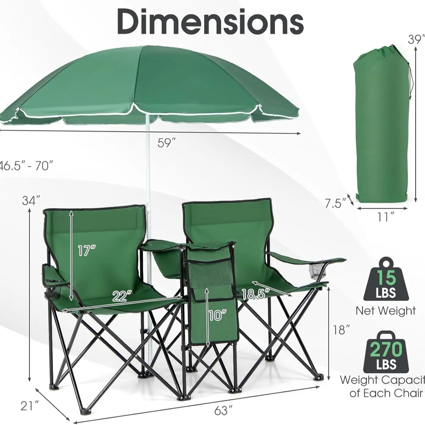 Double Chair with Umbrella, Cooler Storage & Cup Holders for Camping